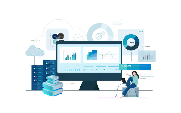 ilustrações de stock, clip art, desenhos animados e ícones de business analysis, tiny characters at huge monitor with charts. - search engine marketing white background internet