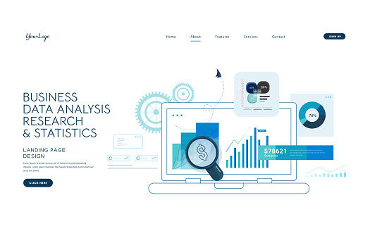 SEO reporting, data monitoring, web traffic analytics, Big data flat vector illustration on blue background. stock illustration