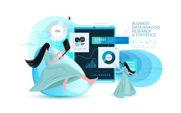 Vector illustration of Businesswoman analyzes page data