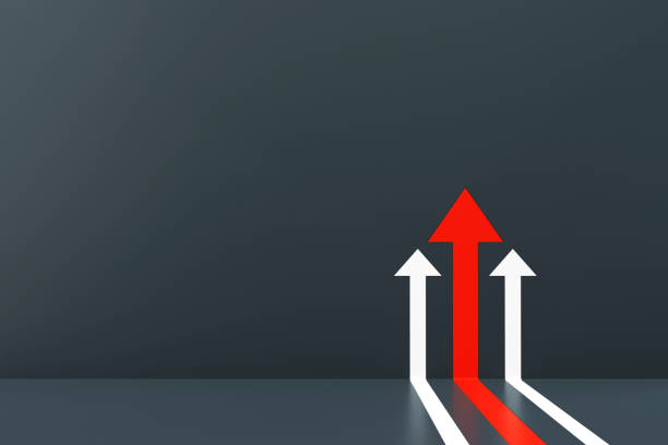 istock Red arrow with two white arrow going up on gray wall background. Business arrow target direction concept to success. Finance growth vision stretching rising up. 3d rendering 1472713659