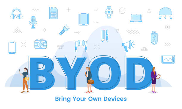 byod는 파란색 스타일로 관련 아이콘으로 둘러싸인 큰 단어와 사람들로 자신의 장치 개념을 가져옵니다. - bring your own device stock illustrations