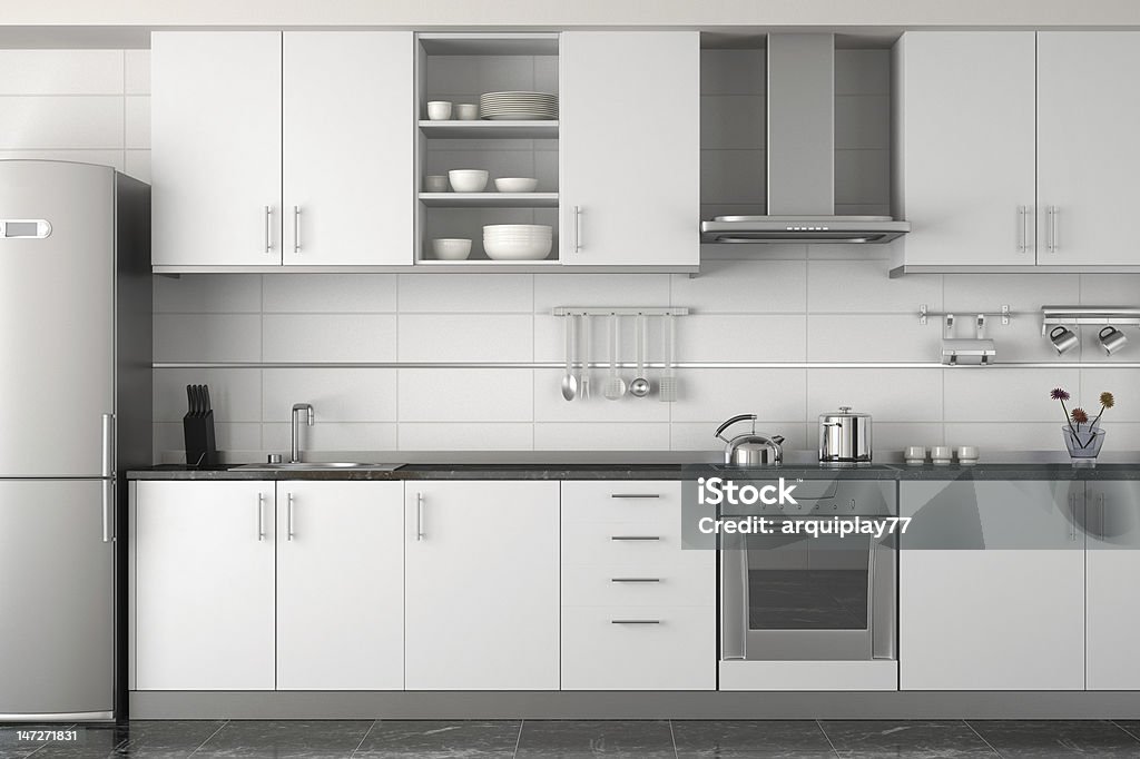 interior design of modern white kitchen interior design of clean modern white and black kitchen with stainless steel equipment Kitchen Stock Photo