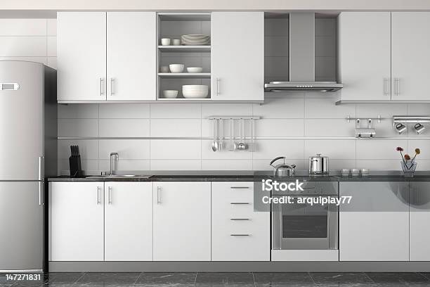 Interior Design Of Modern White Kitchen Stock Photo - Download Image Now - Kitchen, Stove, White Color