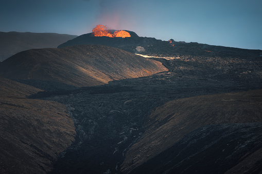 Iceland Fagradalsfjall volcano eruption. View towards the volcano.
