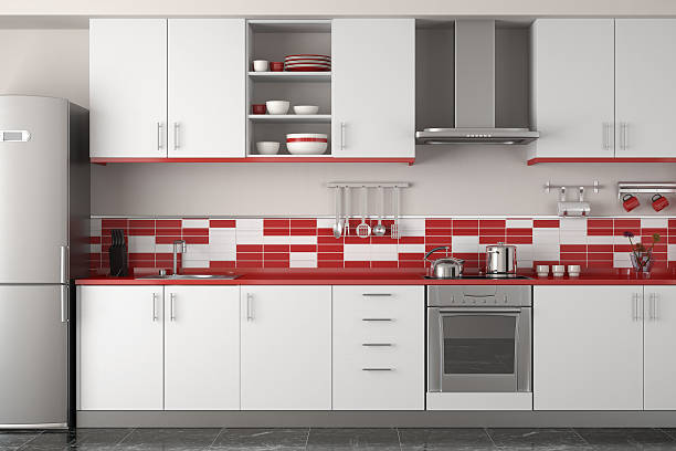 interior design of modern red kitchen interior design of clean modern red and white kitchen red kitchen cabinets stock pictures, royalty-free photos & images