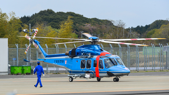 Narita, Japan - Apr 17, 2019. An AgustaWestland AW139 helicopter of Chiba Prefecture Police taking-off from Narita Airport (NRT).
