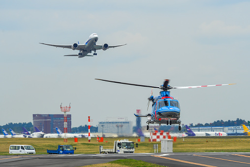 Narita, Japan - Apr 17, 2019. An AgustaWestland AW139 helicopter of Chiba Prefecture Police taking-off from Narita Airport (NRT).