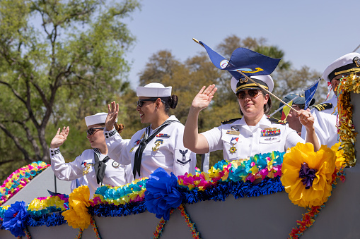 San Antonio, Texas, USA - April 8, 2022: The Battle of the Flowers Parade, men and women of the US Naby marching during the parade