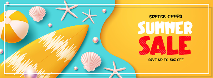 Summer sale vector banner design. Summer sale text with special offer up to 50 % off discount promotion. Vector illustration summer sale promo.