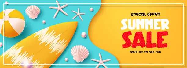Vector illustration of Summer sale vector banner design. Summer sale text with special offer up to 50 % off discount promotion.