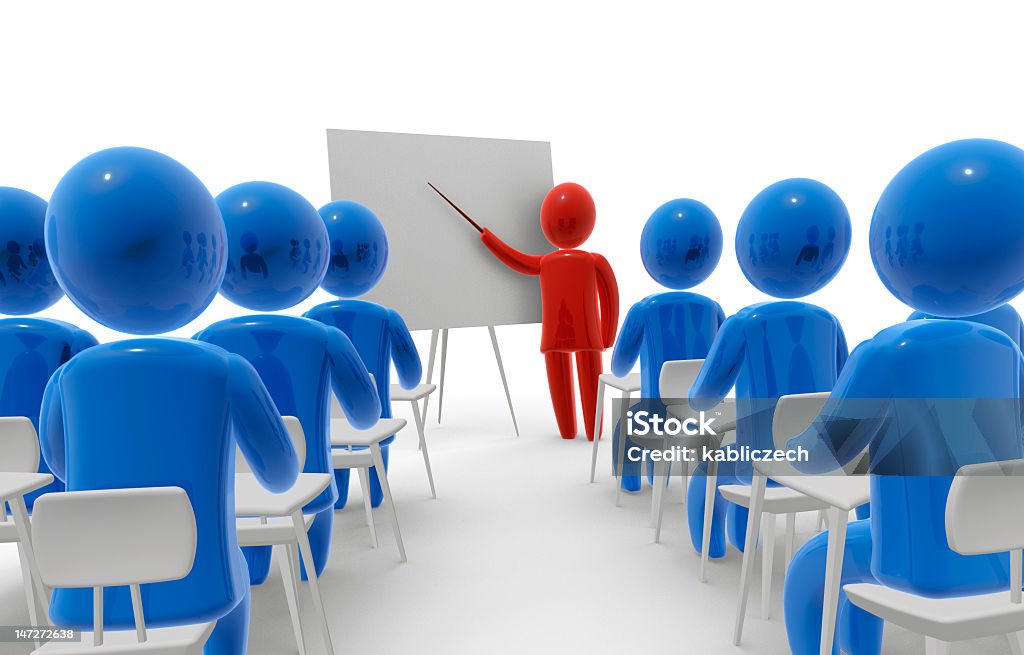 Blue people figurines listening to red figurine lecture Teacher standing with pointer in hand close to board in front of students. Whiteboard is empty - ready for montage of desired content. Concept of education and learning. Blue Stock Photo