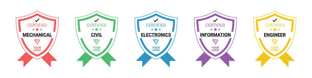 Company training completion certificate badge. Certified in various fields Set of training completion certificate badge in various colors, certified in particular field. Vector graphic design award certificate stock illustrations