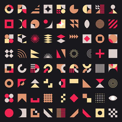 Vector set of colors minimalism geometric Bauhaus style simple symbol design elements in Black Background