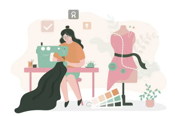 Vector illustration of Woman sews fashionable clothes. Female seamstress uses sewing machine to make stylish clothes. Workplace of seamstress, tailor. Local, small business. Mannequin for fitting. Dressmaker at work.