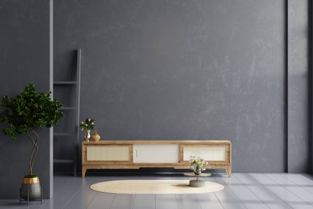 istock Cabinet in living room interior wall mockup on dark blue wall. 1472733604