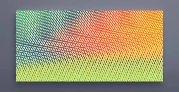 Vector illustration of Halftone gradient background. Vibrant trendy texture, with blending colors. Cover design template. 3d network design with particles. Can be used for advertising, marketing, presentation.