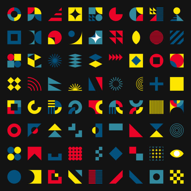 wektorowy zestaw kolorów minimalizm geometryczny styl bauhaus proste elementy projektu symbolu na czarnym tle - triangle square shape label symbol stock illustrations