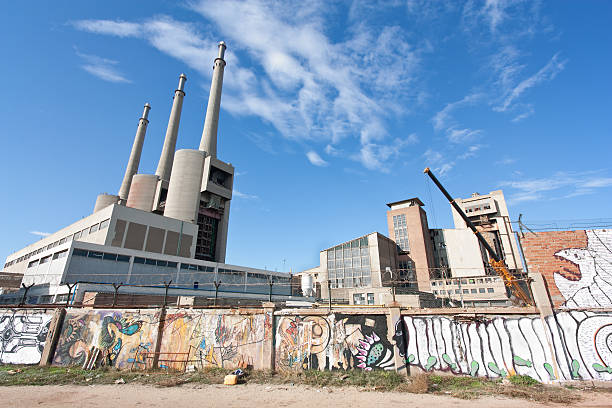 Thermoelectric plant in Sant Adria del Besos, Barcelona. Over time, the 3 chimneys have become a landmark for the skyline of Barcelona's urban area.