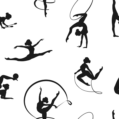 Seamless vector pattern of Rhythmic gymnastics girls silhouettes black on white