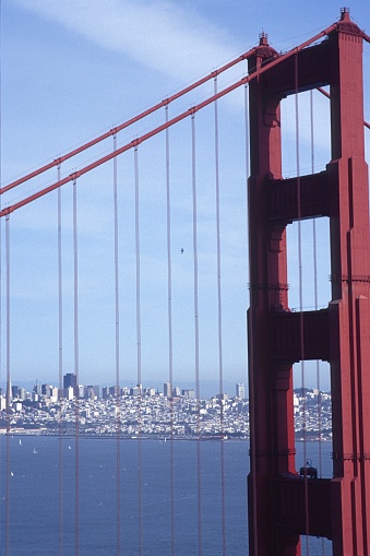 San Francisco, California, USA, 1987. View across the Golden Gate Bridge towards downtown San Francisco.