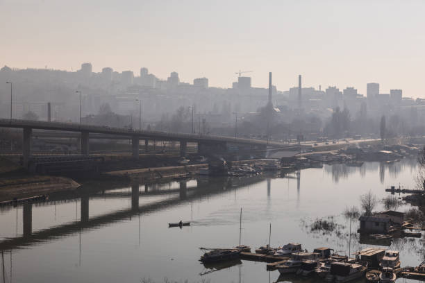 Winter afternoon scene, unset over Sava river in Belgrade, Serbia