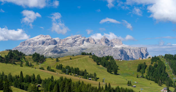 Amazing landscape at the Dolomites in Italy. View at Sella group during summer time. dolomites unesco world heritage. Best touristic destination. Alta Badia, Sud Tirol, Italy stock photo