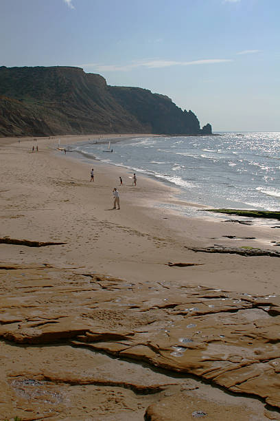 People playing on sandy beach stock photo