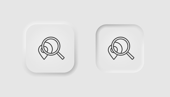 Search location button in neumorphism style. Icons for business, white UI, UX. Find symbol. Searching places, tourism, web, point of destination. Neumorphic style. Vector illustration