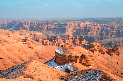 Amazing panoramic view of winter Charyn Canyon in Charyn National Park, Kazakhstan