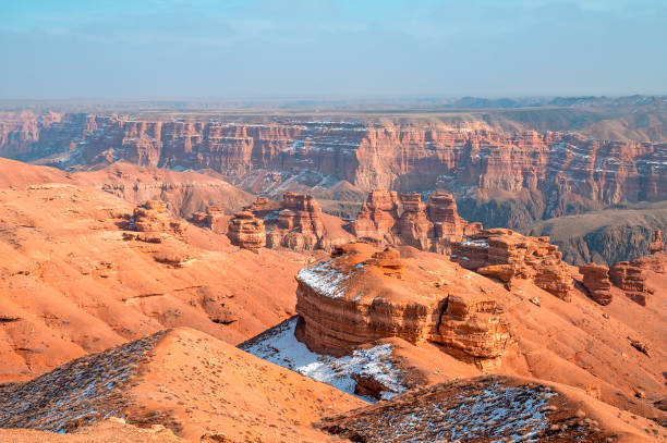 Amazing panoramic view of winter Charyn Canyon in Charyn National Park, Kazakhstan stock photo