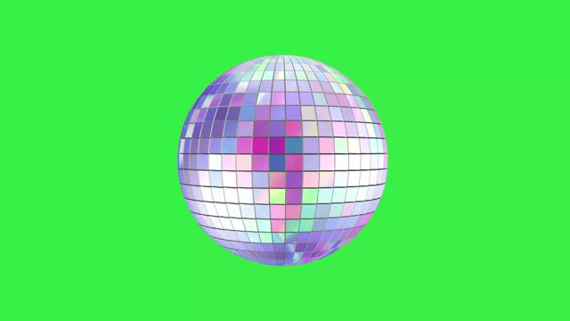 Seamless loop 3d animation of coloful disco ball, isolated on green background. Chroma Key.