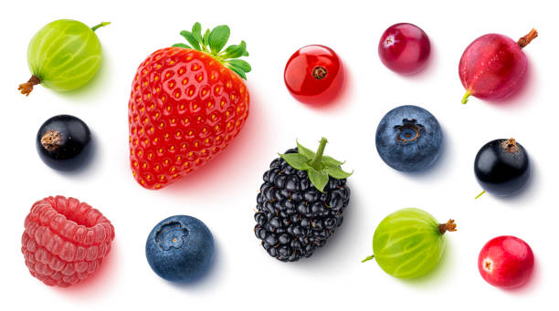istock Fruits and berries isolated on white background, top view, flat lay 1472744442