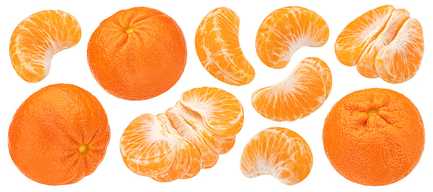 Tangerine or mandarin orange fruits isolated on white background with clipping path, collection