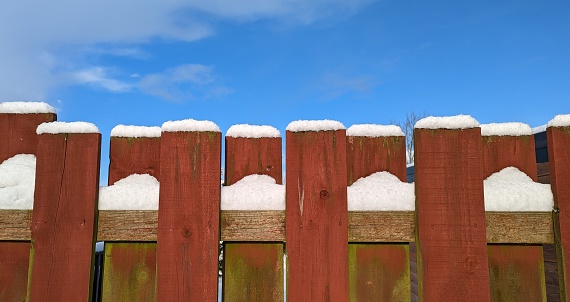 Close up of snow on garden fence