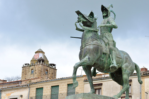 April 2, 2021 in Trujillo, Spain. Statue of Francisco Pizarro on horseback in the main square of Trujillo. Extremadura