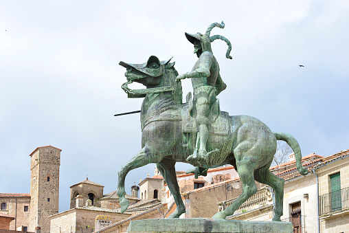 April 2, 2021 in Trujillo, Spain. Statue of Francisco Pizarro on horseback in the main square of Trujillo. Extremadura