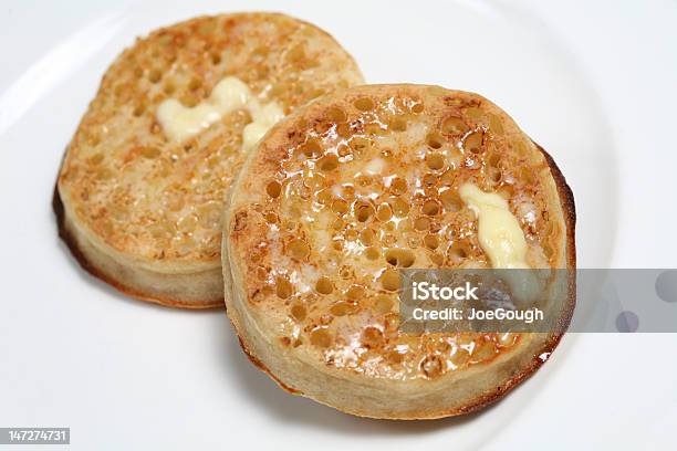 Buttered Crumpets Stock Photo - Download Image Now - Crumpet, Butter, Baked