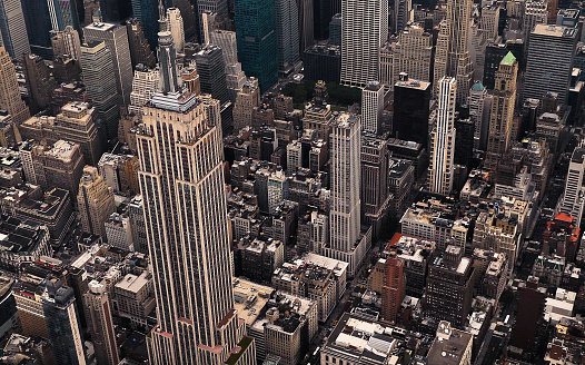 Panoramic aerial view of Manhattan at sunset in New York City, NY, USA