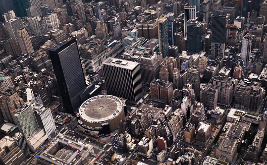 Aerial view of New York City Manhattan area skyline at sunset