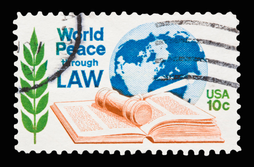 A 1975 issued 10 cent United States postage stamp showing World Peace through Law.