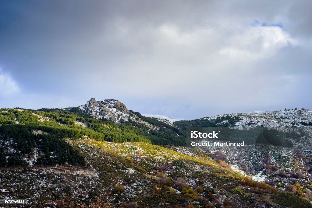 snowy mountain of Hervas in autumn, Extremadura snowy mountain of Hervas in autumn, Extremadura. Architecture Stock Photo