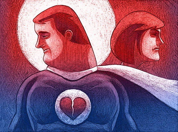ilustraciones, imágenes clip art, dibujos animados e iconos de stock de superhéroe triste con símbolo de corazón roto - despair depression adult boyfriend