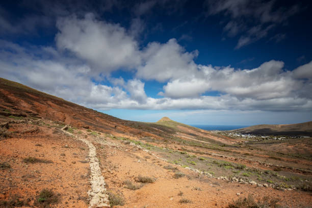 Desolate Beauty Near La Santa – A cracked lava field stretches toward Lanzarote’s coast, where stubborn drought-resistant plants cling to life between volcanic boulders. The surreal, Mars-like terrain contrasts with the distant blue Atlantic, embodying the island’s raw, minimalist allure.