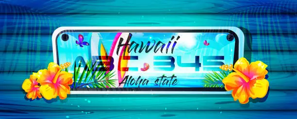 Vector illustration of Aloha Hawaii tropical holiday concept in cartoon style. Car license plate with Hawaiian license plates with hibiscus flowers on a wooden retro background in the shade of palm trees.