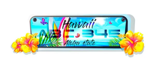 Vector illustration of Aloha Hawaii tropical holiday concept in cartoon style. Car number plate with Hawaiian license plates with hibiscus flowers on an isolated white background.