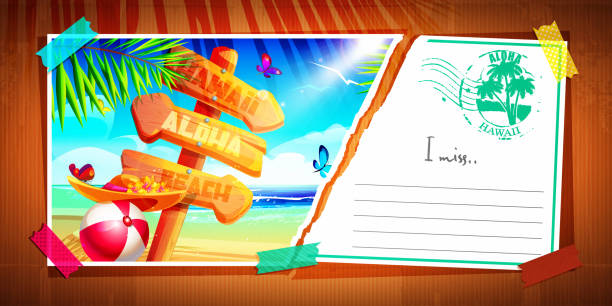 aloha hawaii tropisches urlaubskonzept im cartoon-stil. zerrissene postkarte aus hawaii mit platz für text auf einem hölzernen retro-hintergrund im schatten von palmen. - hawaii islands big island postcard summer stock-grafiken, -clipart, -cartoons und -symbole