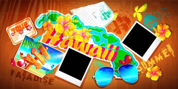 aloha hawaii tropisches urlaubskonzept im cartoon-stil. postkarte aus hawaii mit platz für text mit tropischen aufklebern und schnell gedruckten fotos auf einem papp-retro-hintergrund. - hawaii islands big island postcard summer stock-grafiken, -clipart, -cartoons und -symbole