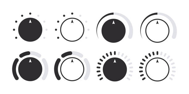 Rotary dials. Volume level handle, rotary dials with round scale and round controller. Vector illustration Rotary dials. Volume level handle, rotary dials with round scale and round controller. Vector illustration knob stock illustrations