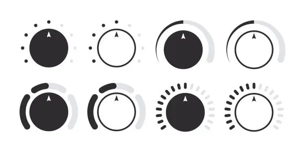 Vector illustration of Rotary dials. Volume level handle, rotary dials with round scale and round controller. Vector illustration