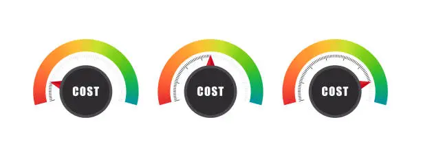 Vector illustration of Cost regulator. Knob, rotary dials with round scale and round controller. Vector images